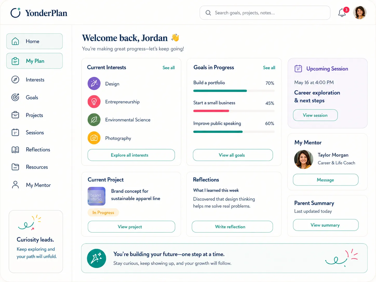 YonderPlan dashboard with a teen’s interests, goals, project, reflections, mentor, and parent summary