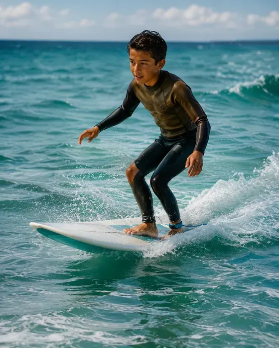 A teen surfing an ocean wave
