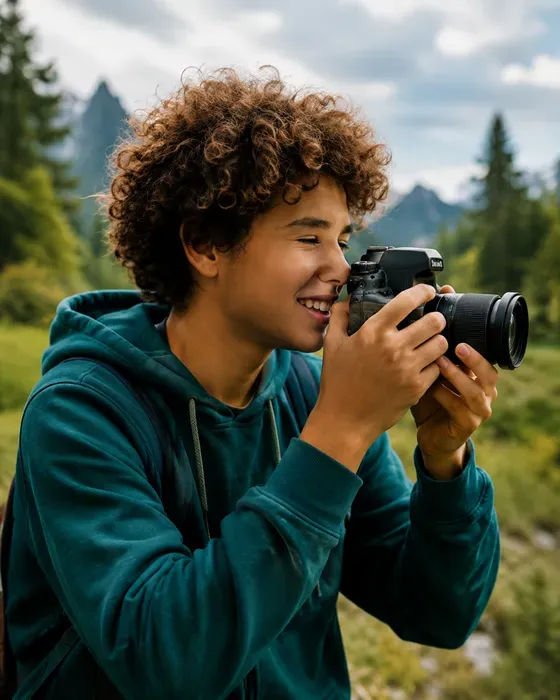A teen photographing outdoors