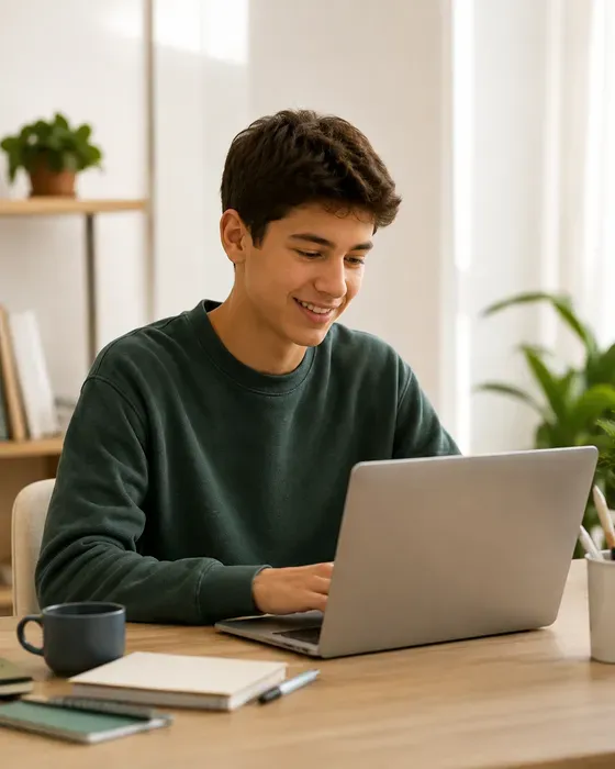 A teen working on a laptop at home