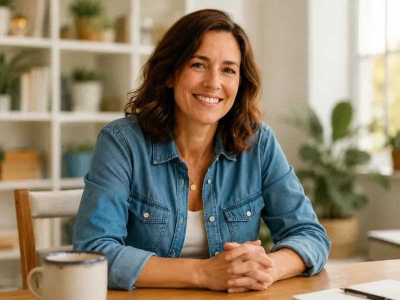 The founder of YonderCoach, a former middle school teacher, seated at a table