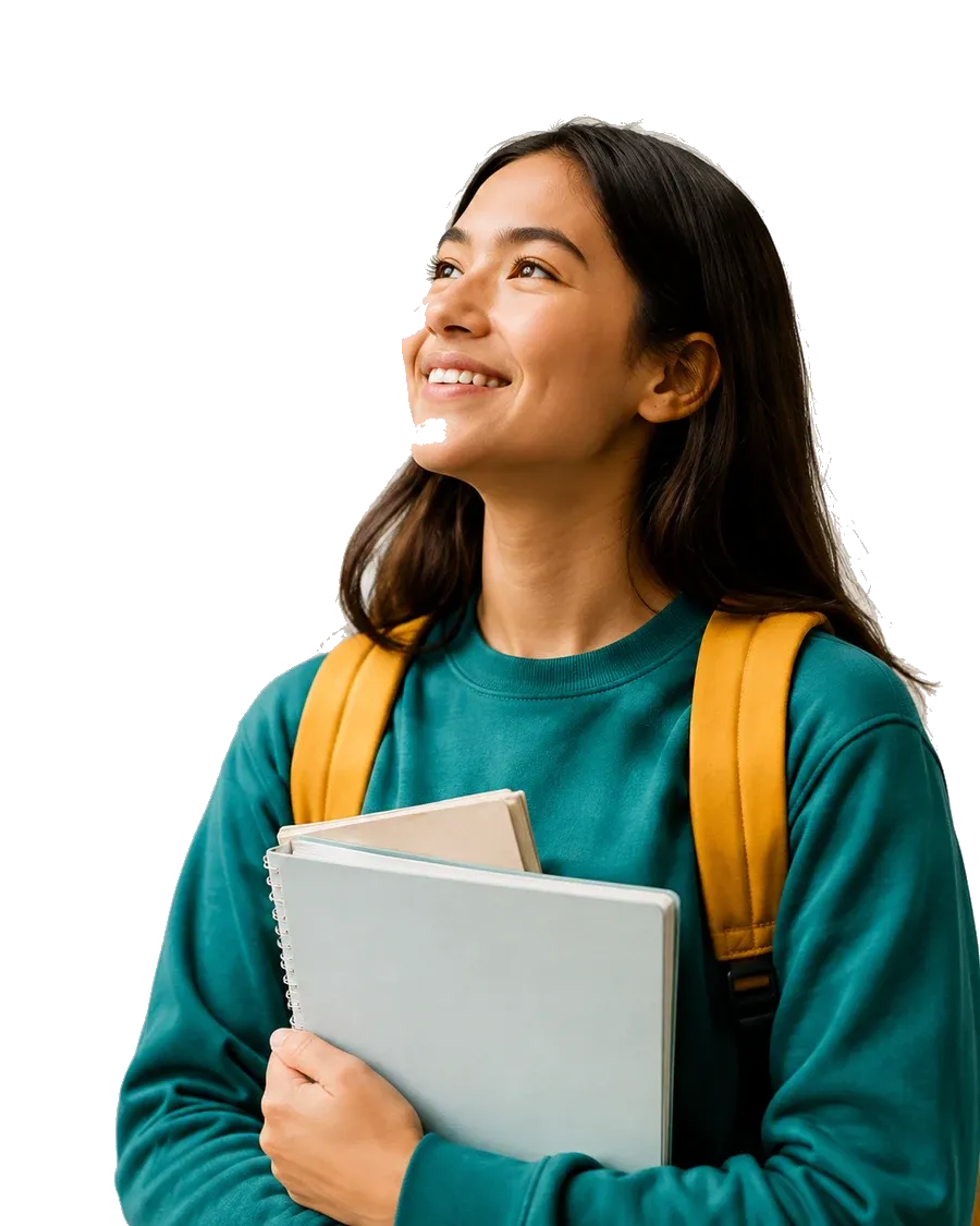 A high-school student holding notebooks and looking ahead