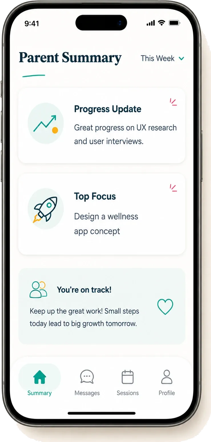 The parent view on a phone, showing a progress update, the current top focus, and an encouragement note