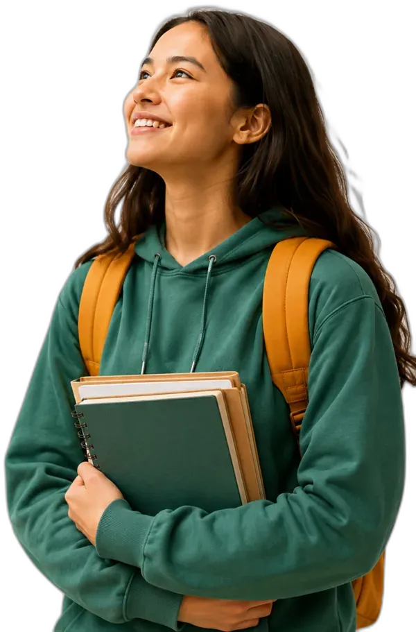 A student in a teal sweater carrying books, looking up